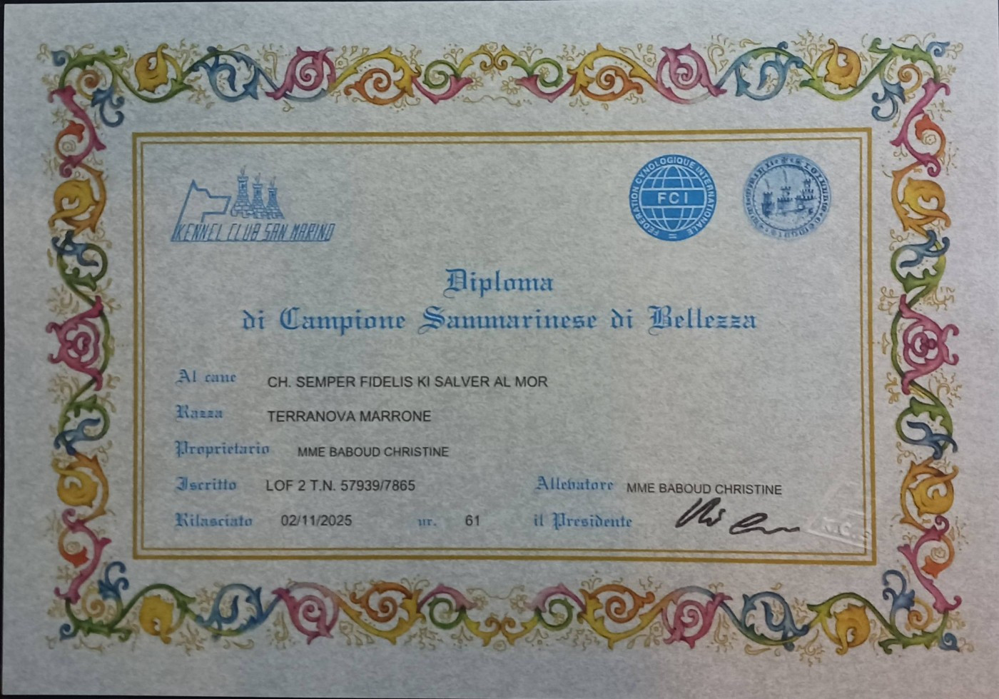 Multi Champion Semper Fidelis Ki Salver Al Mor devient CHAMPION DE BEAUTE DE SAN MARINO