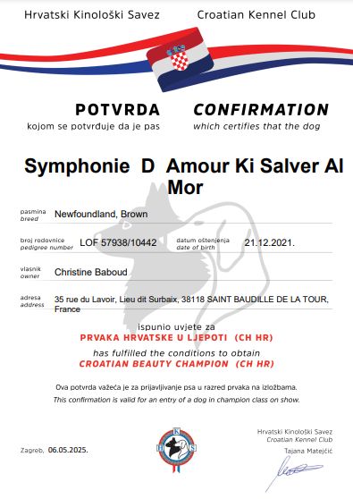 Ki Salver Al Mor - Symphonie D'Amour devient Championne de beauté de Croatie le 04 mai 25